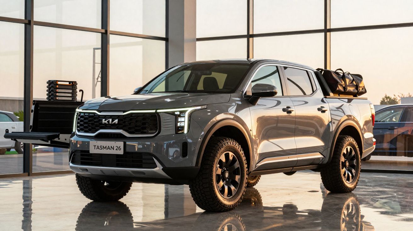 Picape Kia Tasman cinzenta em exposição numa garagem com luz natural ao entardecer.