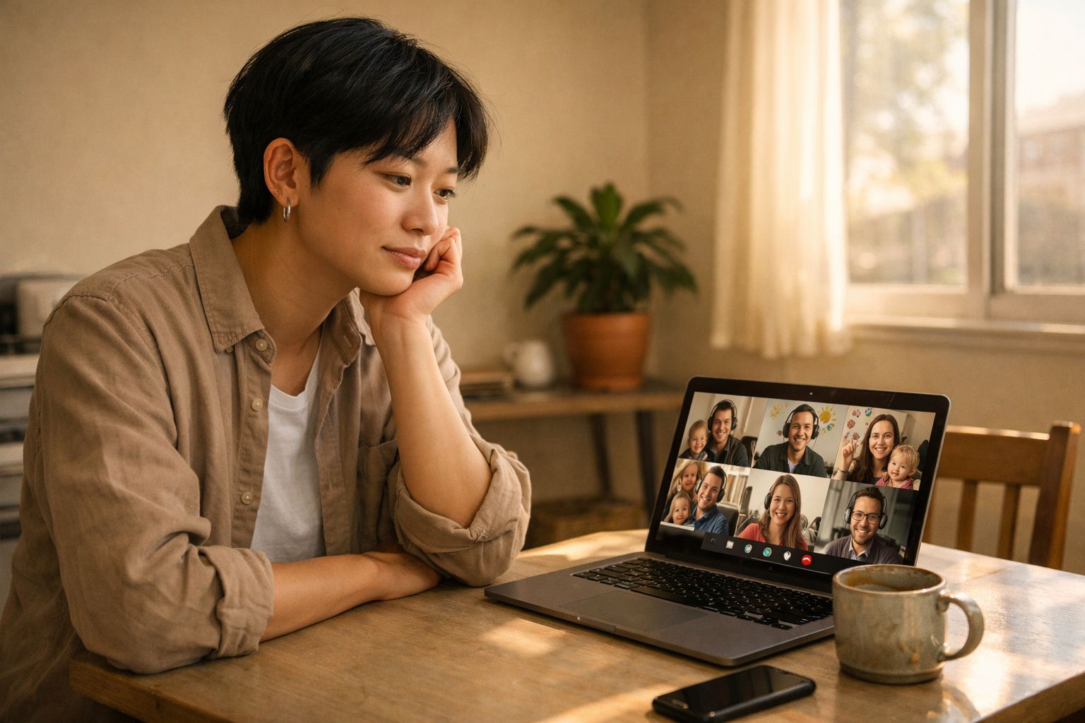 Pessoa sentada numa mesa a participar numa videochamada em laptop, com várias pessoas visíveis no ecrã.
