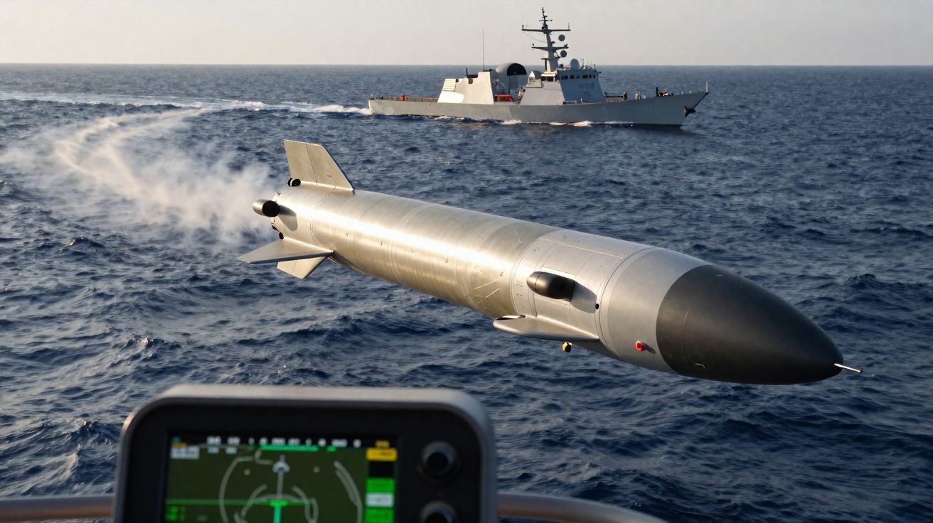 Torpedo a emergir da água com fragata militar ao fundo durante exercício naval.