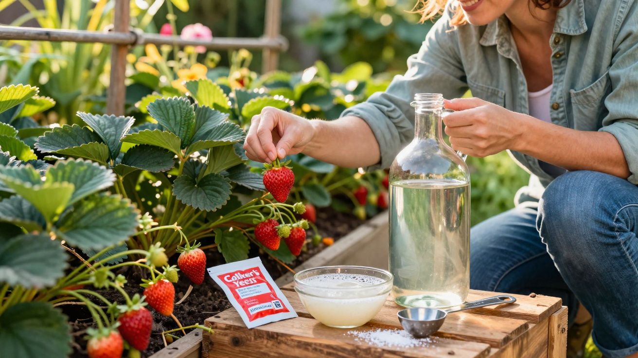 Pessoa a colher morangos frescos em jardim urbano com garrafa de água e ingredientes ao lado.