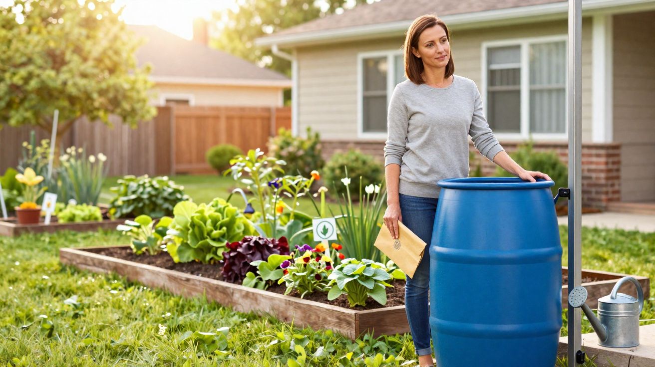 Mulher em jardim junto a barril azul, a segurar envelope, com canteiros de plantas e casa ao fundo.