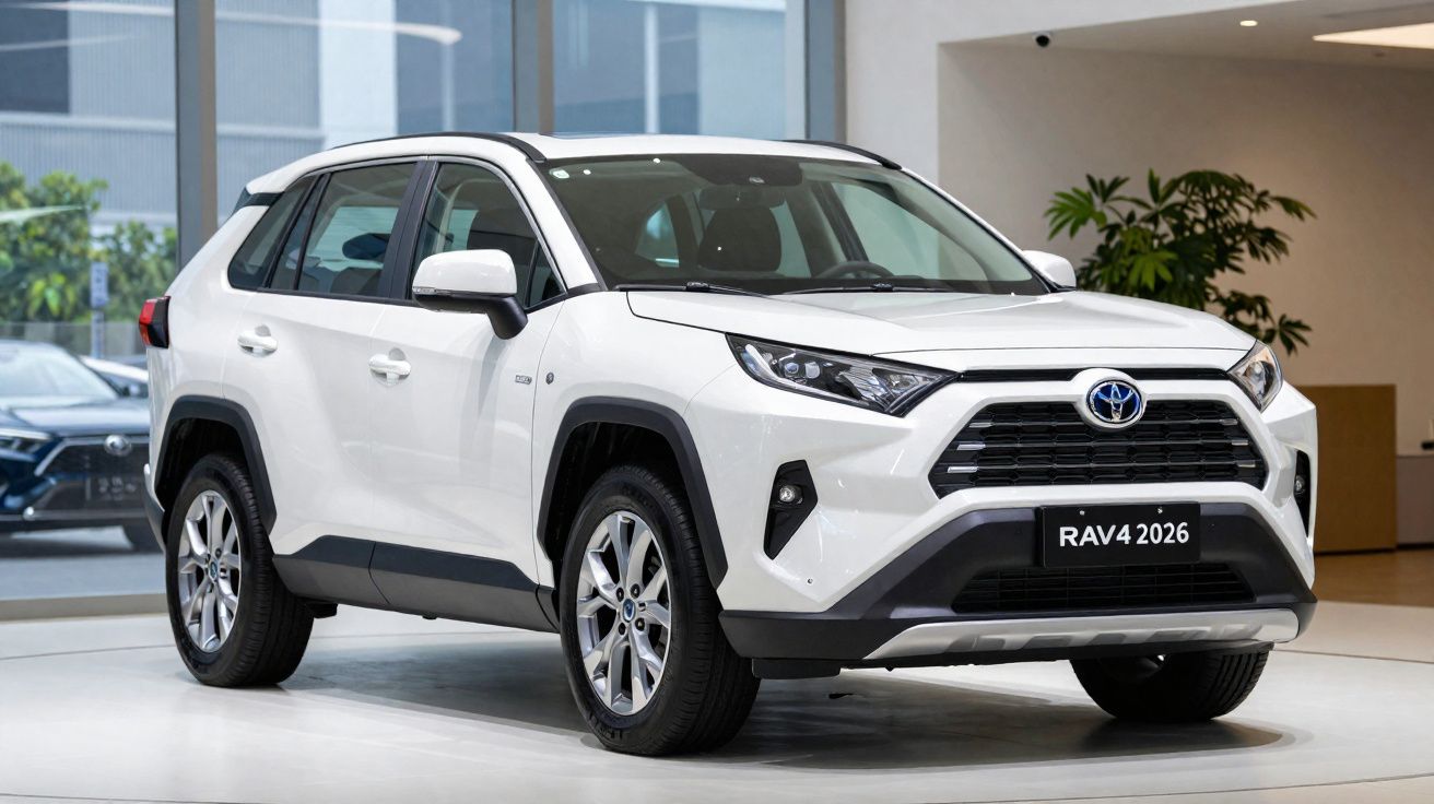 Carro SUV branco Toyota RAV4 2026 exibido em showroom moderno com iluminação natural e plantas decorativas.