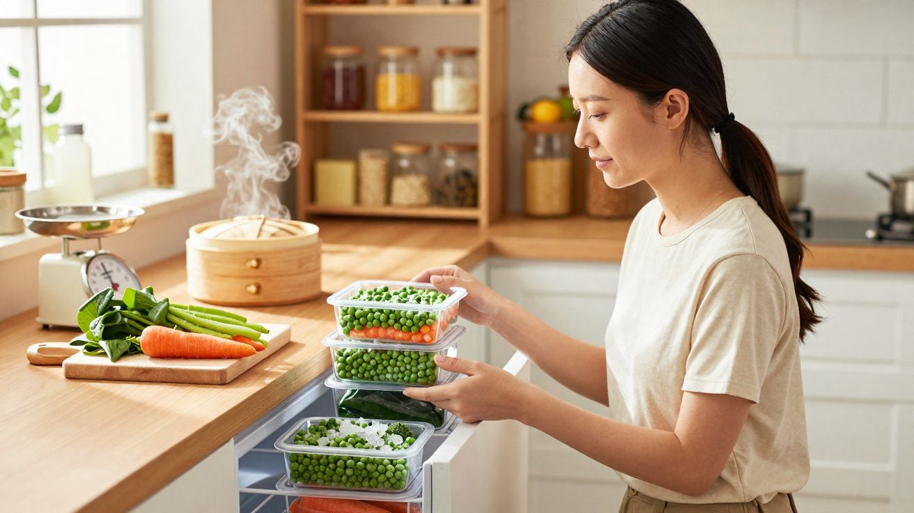 Mulher a guardar recipientes com legumes frescos num frigorífico numa cozinha luminosa.