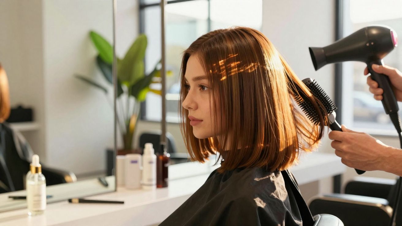 Mulher com cabelo castanho curto a ser secado e penteado num salão de cabeleireiro moderno.