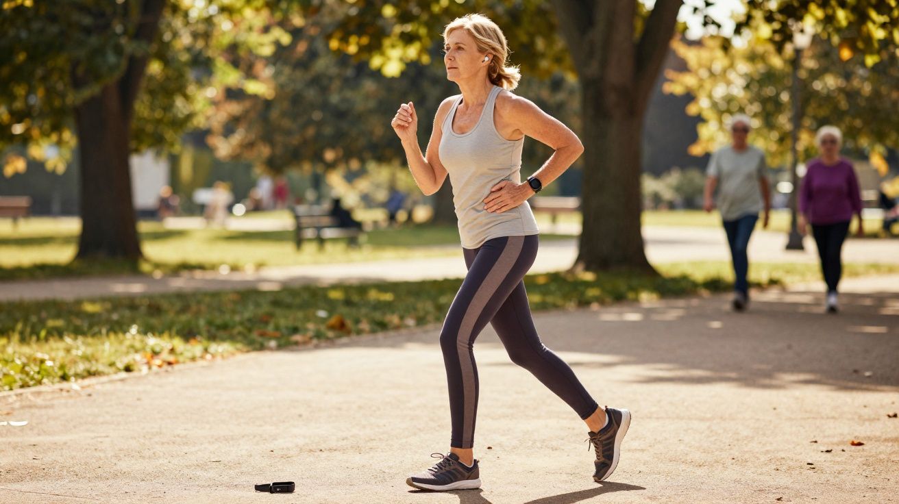 Mulher madura a fazer caminhada rápida num parque soalheiro com árvores e pessoas ao fundo.