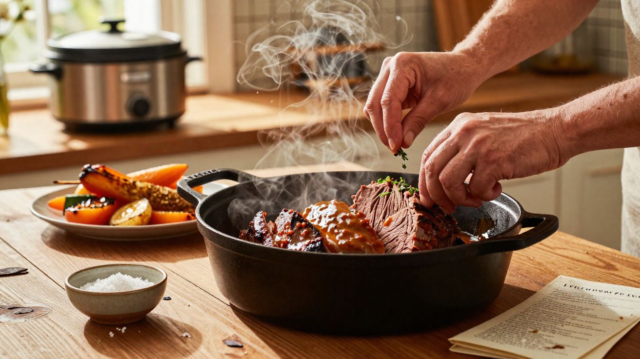 Mãos a polvilhar ervas frescas sobre carne fumegante num prato preto, com legumes ao fundo numa mesa de cozinha.