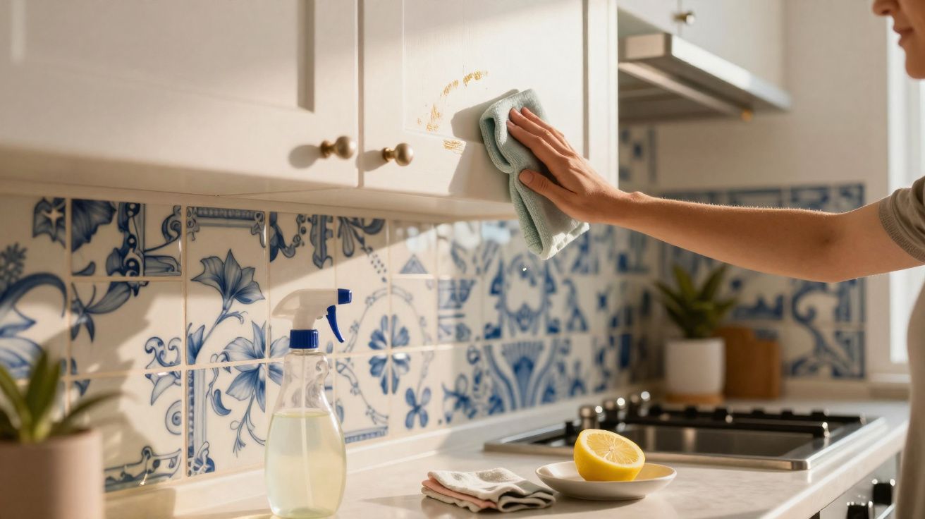 Pessoa a limpar armário de cozinha branco com pano azul, spray de limpeza e limão na bancada com azulejos azuis.