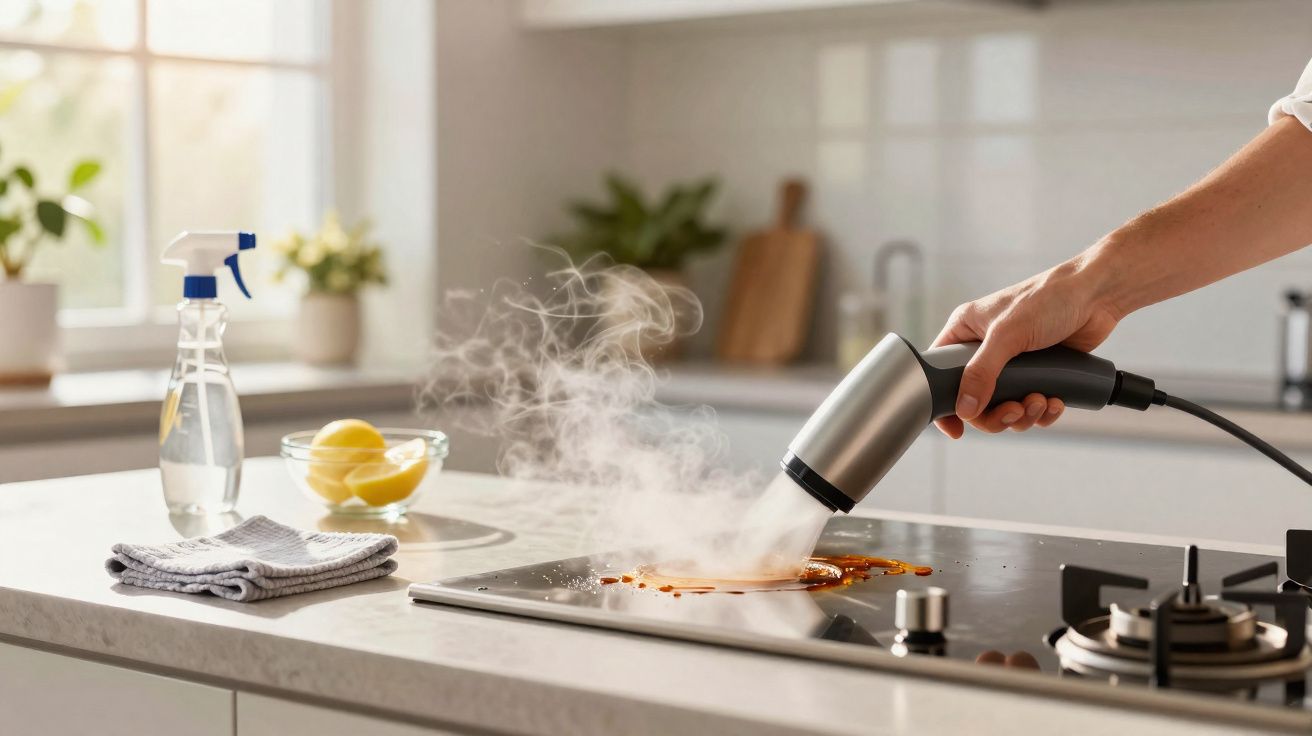 Mão a limpar placa vitrocerâmica suja com vaporizador, com detergente, toalha e limões na bancada da cozinha.