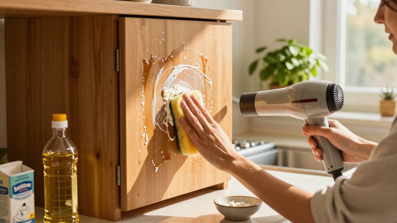 Pessoa a limpar uma mancha numa porta de madeira da cozinha com esponja e secador de cabelo.