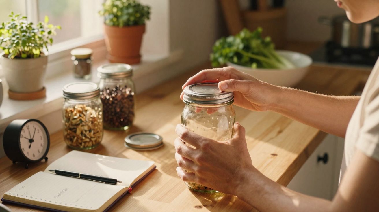 Pessoa a fechar um frasco de vidro numa cozinha com plantas, frascos e agenda na mesa de madeira.