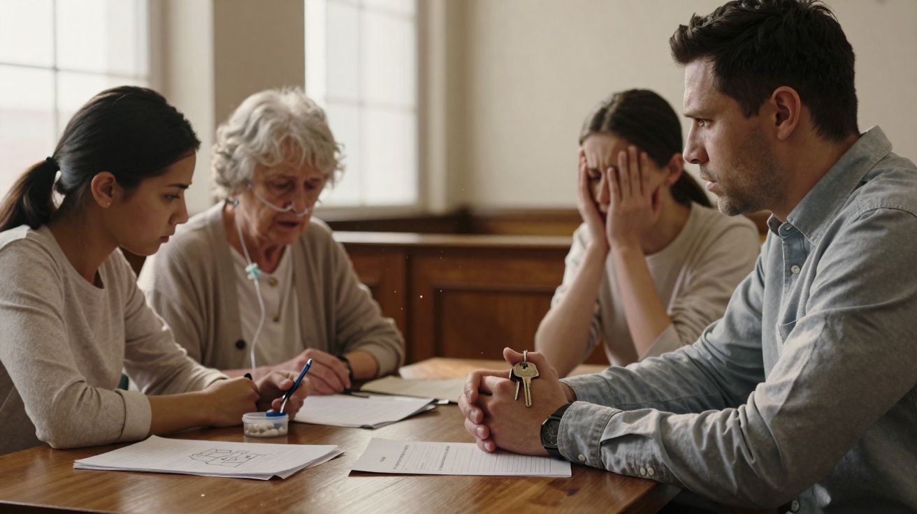 Quatro pessoas sentadas à mesa com expressões preocupadas, rodeadas de documentos e chaves.