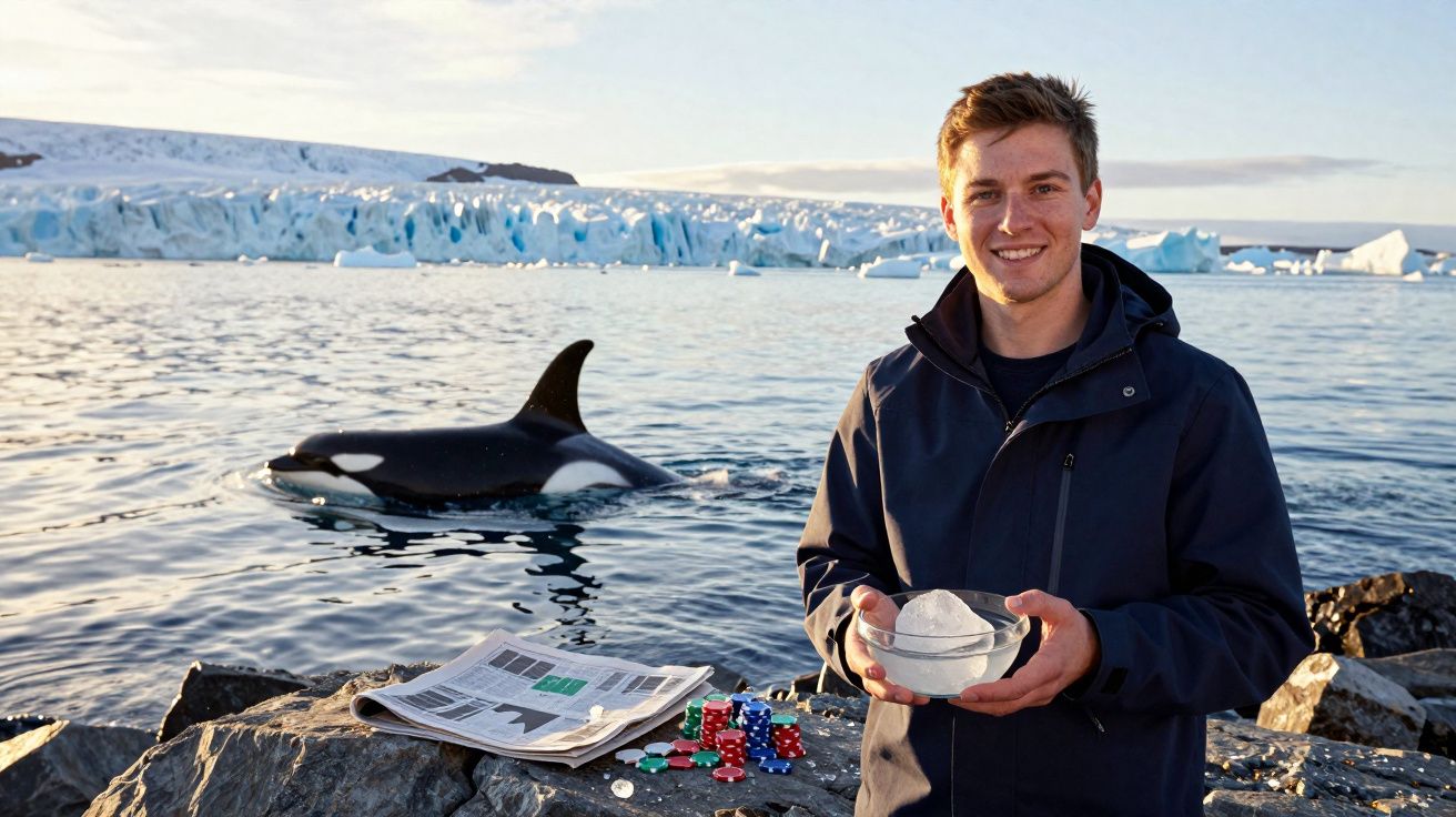 Homem sorridente segura bola de neve junto a pedras, com orca no mar e glaciar ao fundo.