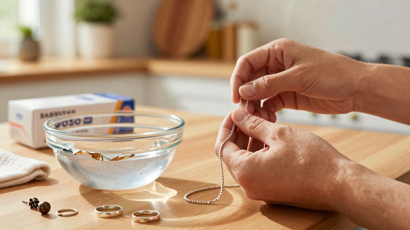 Mãos a limpar um colar num ambiente doméstico com anéis, brincos, um pano e uma taça de vidro com água.