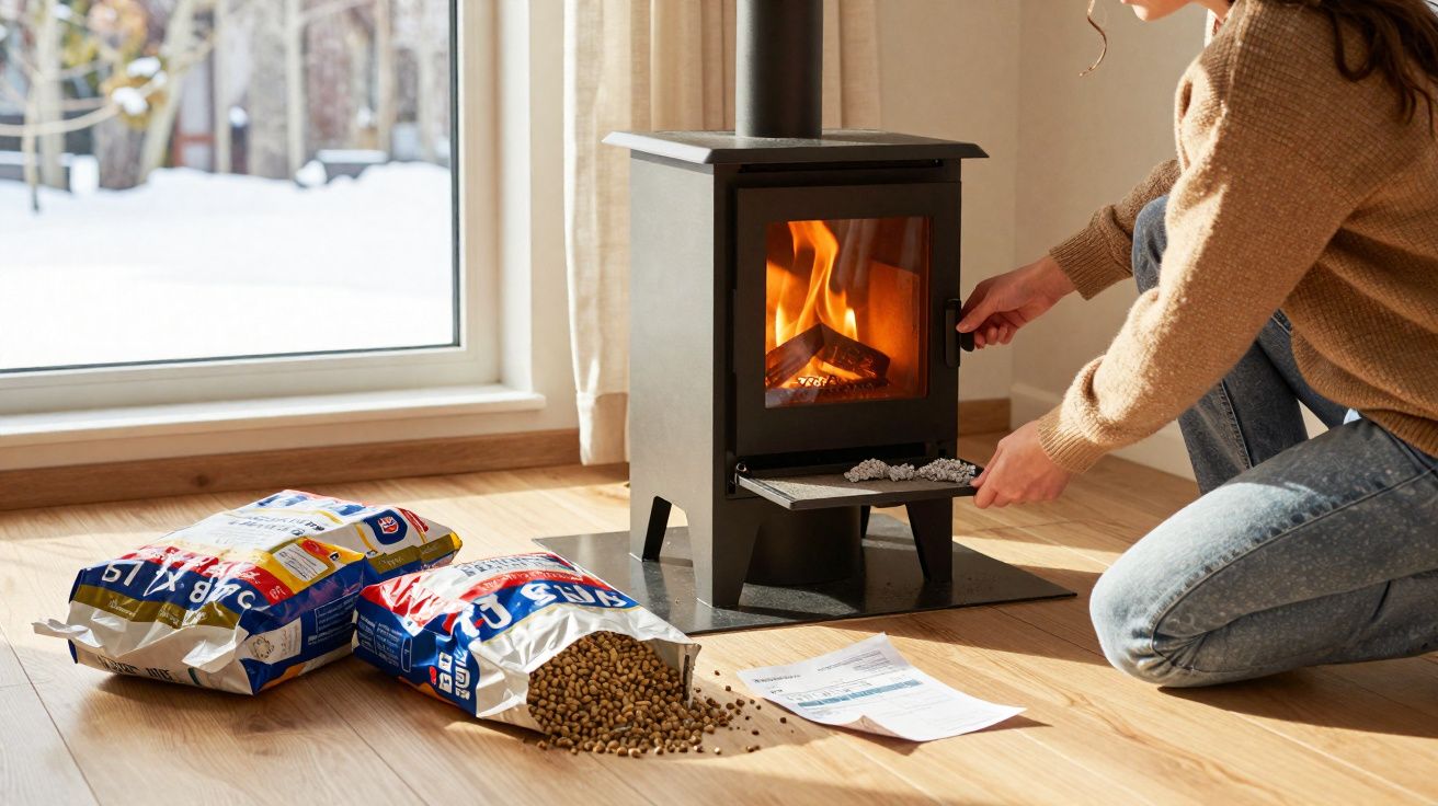 Pessoa a alimentar lareira a pellets numa sala com chão de madeira, junto a janela com vista para neve.