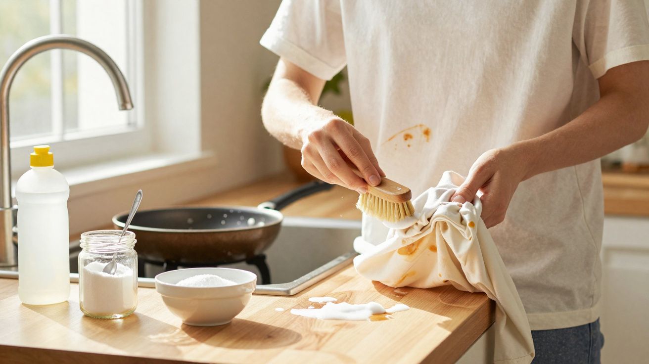 Pessoa a esfregar nódoas numa t-shirt branca na cozinha com uma escova e produtos de limpeza.