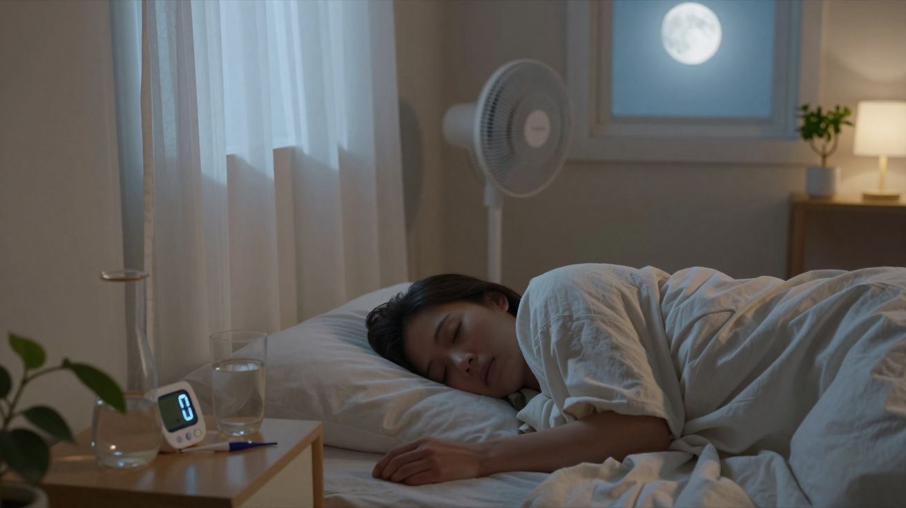 Mulher a dormir num quarto com luz suave, ventilador ligado e a lua cheia visível pela janela.