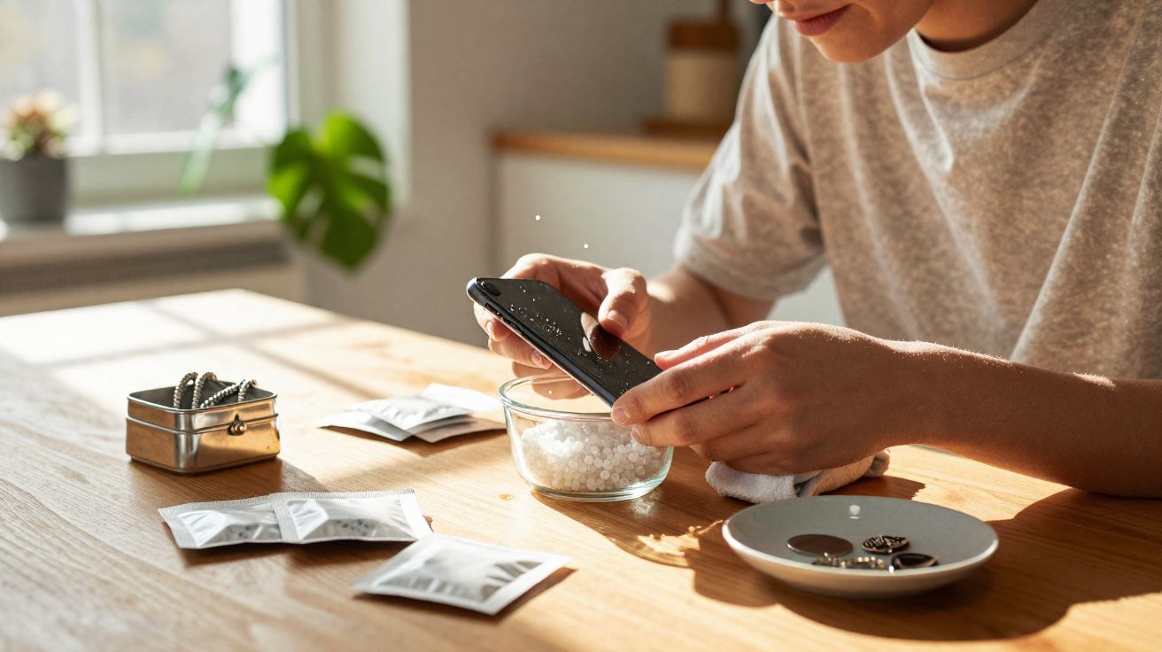 Pessoa a limpar um telemóvel com pequenas esferas brancas numa tigela de vidro numa mesa de madeira.