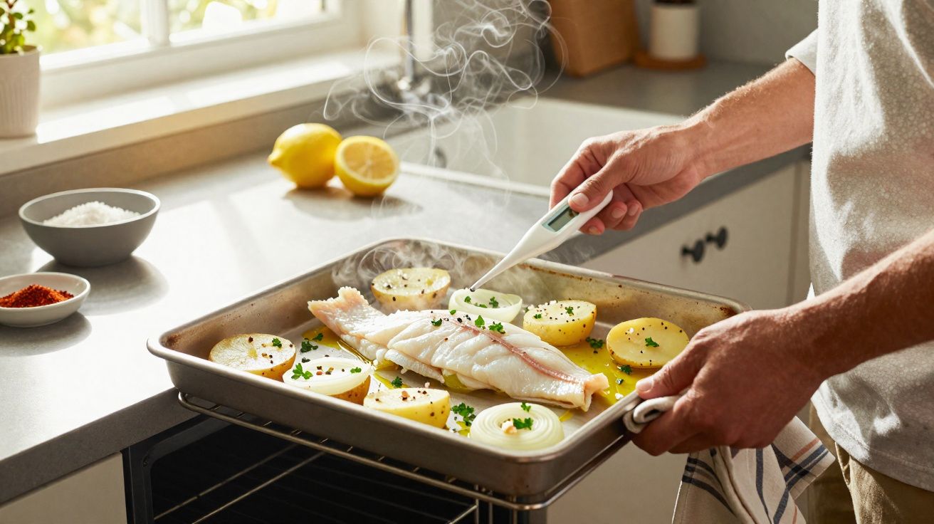Pessoa a verificar a temperatura de peixe e batatas numa assadeira antes de meter no forno na cozinha.