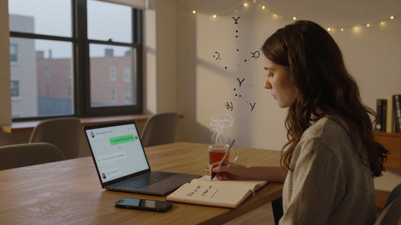 Mulher sentada a escrever num caderno, com laptop, chá e smartphone numa mesa em ambiente interior.