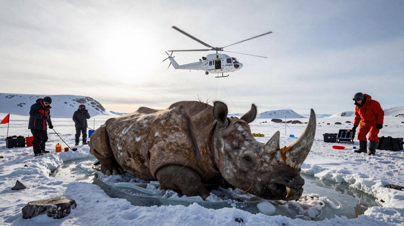 Rinoceronte de mentira de tamanho real numa paisagem nevada com equipa e helicóptero.