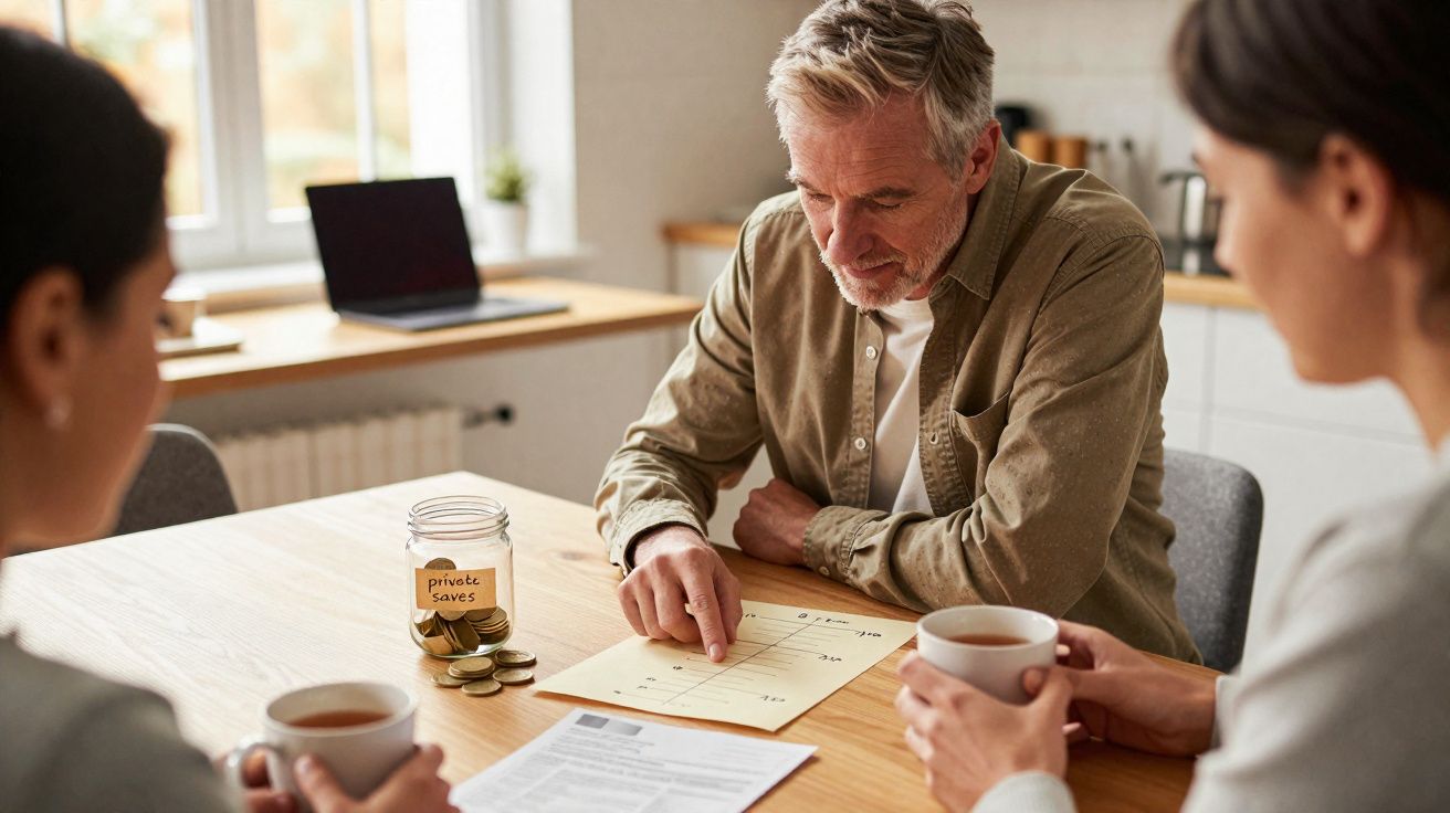 Homem a explicar finanças a casal sentado à mesa com jarro de moedas e documentos à frente.