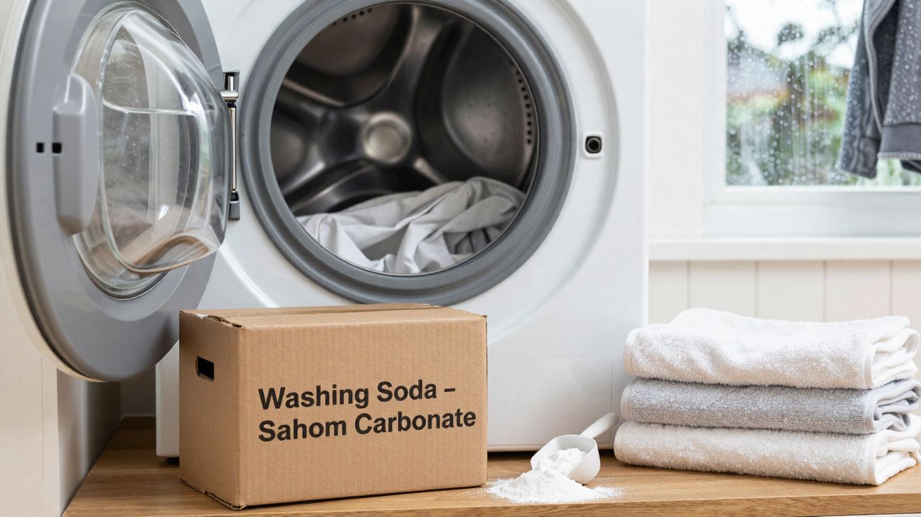Máquina de lavar roupa aberta, caixa de bicarbonato e toalhas dobradas junto a janela.