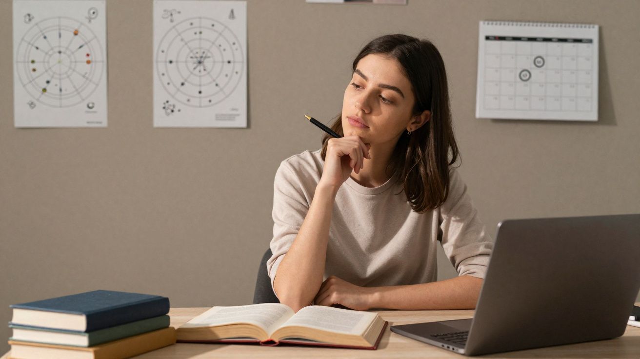 Mulher sentada numa mesa com livros, computador portátil e folhas com diagramas na parede, pensativa.