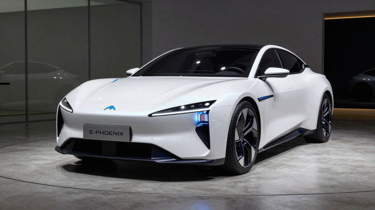 Carro desportivo elétrico branco E-Phoenix estacionado em espaço moderno com iluminação suave.