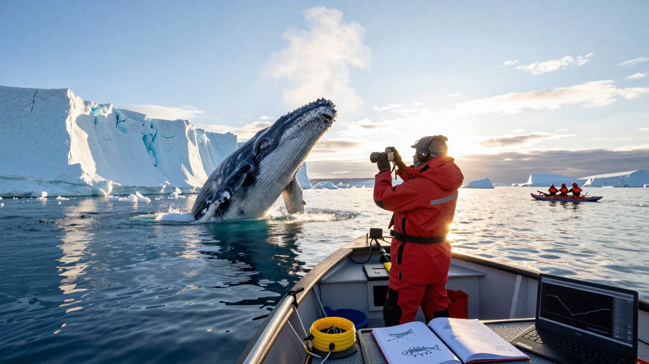 Observador em barco fotografa baleia saltando com icebergs e caiaque ao fundo no mar gelado.