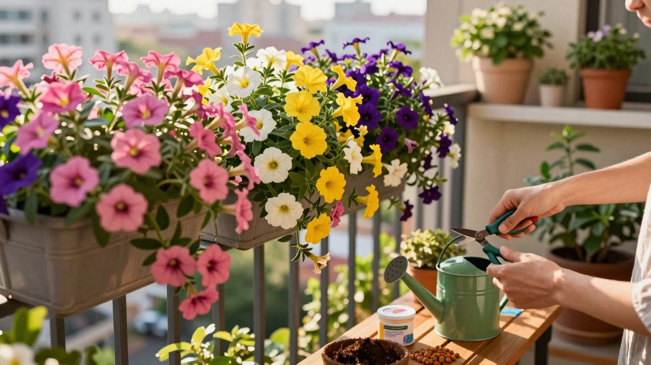 Varanda florida com vasos coloridos e pessoa a cuidar das plantas com regador verde.