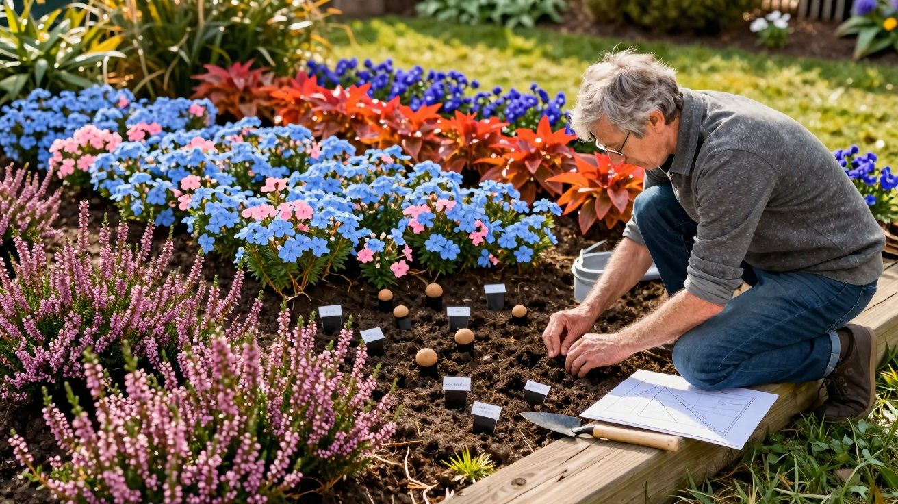 Homem a plantar sementes num jardim florido com várias flores coloridas e etiquetas identificativas.