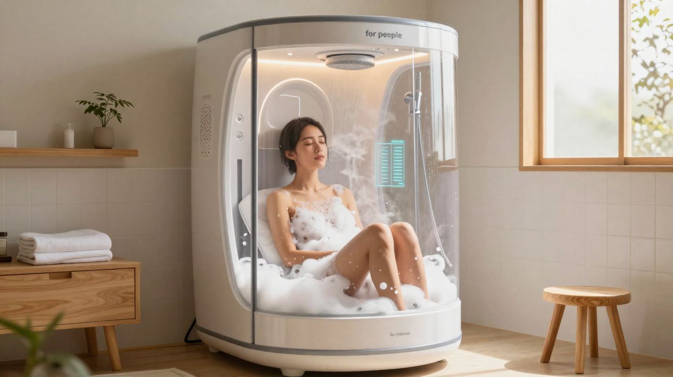 Mulher relaxa numa cabine de banho de espuma transparente numa casa de banho moderna e luminosa.