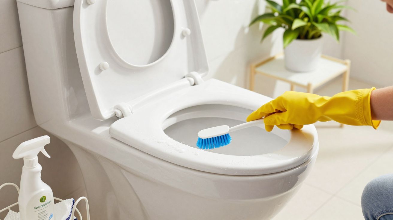 Mão com luva amarela a limpar sanitário branco com escova de cerdas azuis e frasco de produto de limpeza.