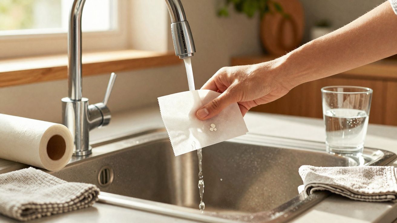 Mão segurando papel com comprimidos sob torneira com água a correr numa pia de cozinha.