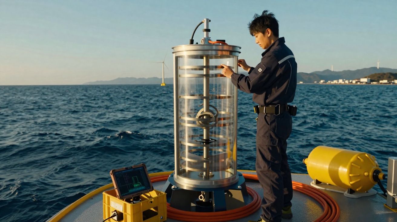 Homem em fato técnico ajusta equipamento científico num barco no mar com costa e montanhas ao fundo.