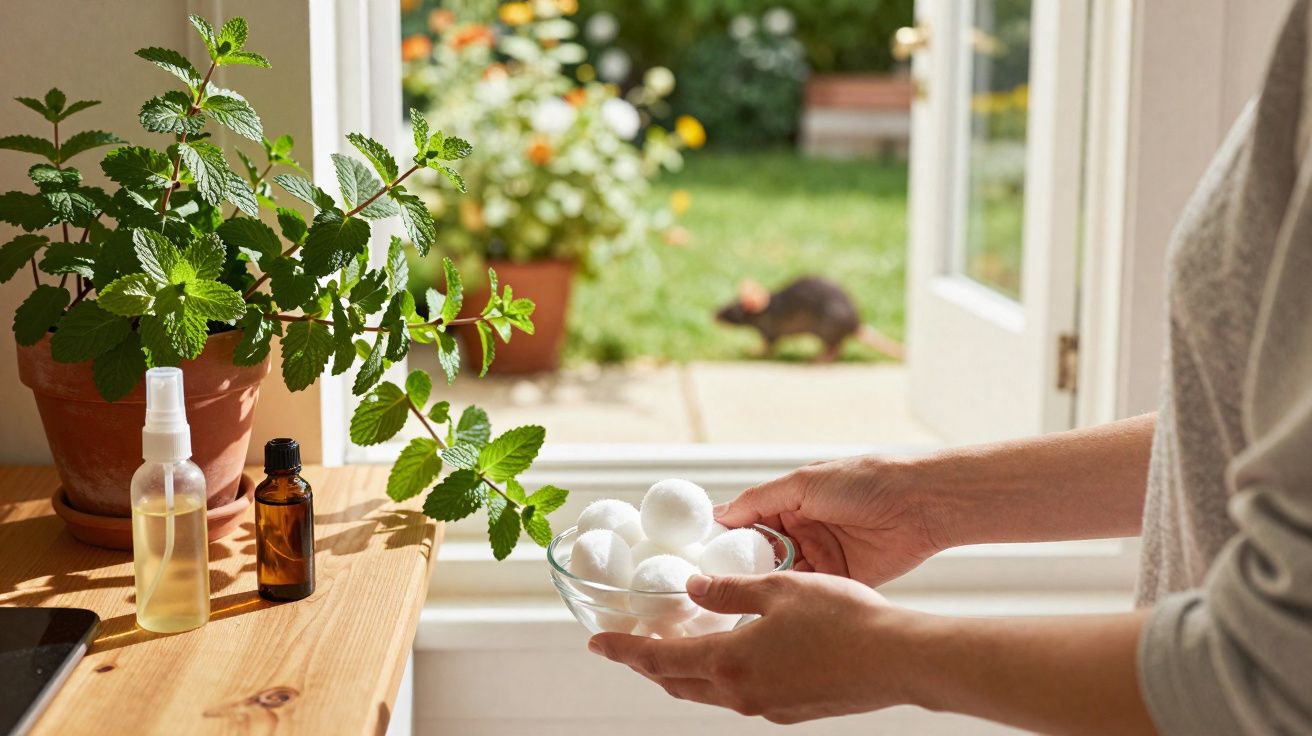 Mãos seguram bolas de algodão junto a planta, garrafas e janela aberta com ratinho no jardim ao fundo.
