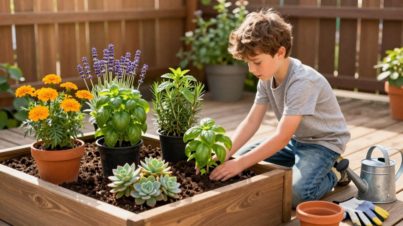 Criança a plantar ervas e flores num canteiro de madeira num jardim exterior com regador ao lado.