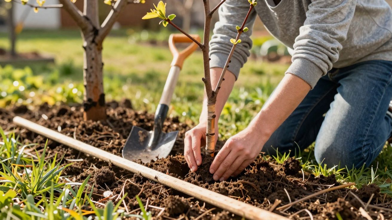 Pessoa a plantar uma árvore jovem, ajoelhada no chão, com enxada e régua de madeira ao lado.