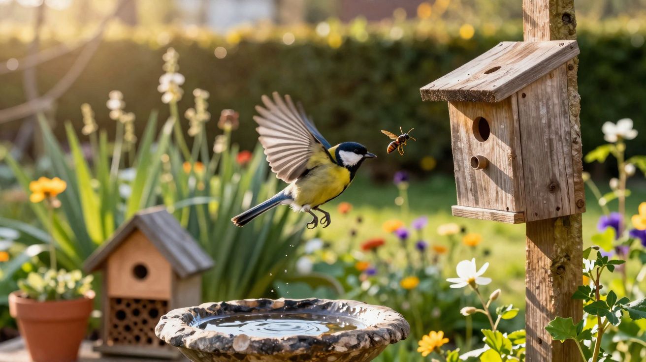 Pássaro voando perto de um bebedouro de jardim com flores e casinhas de pássaros ao fundo.