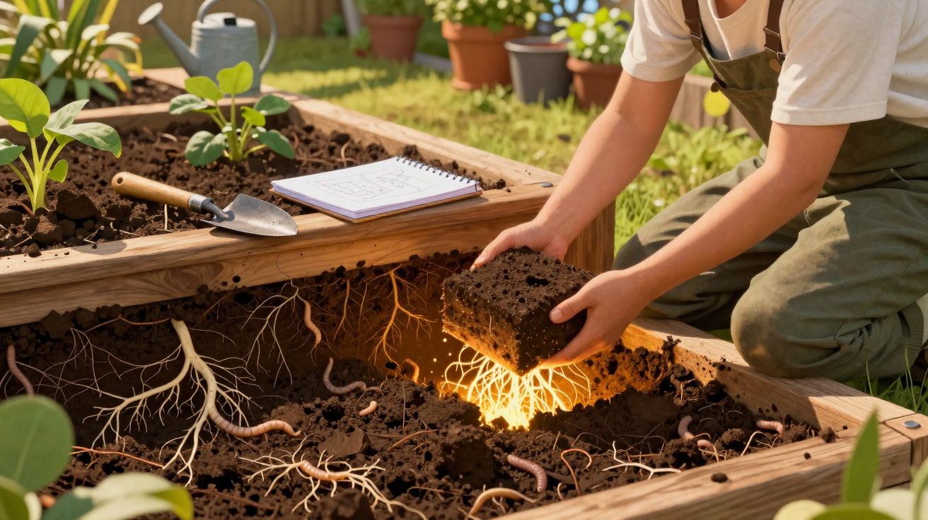 Pessoa a cuidar de uma horta com terra e minhocas, mostrando raízes iluminadas ao segurar um bloco de terra.
