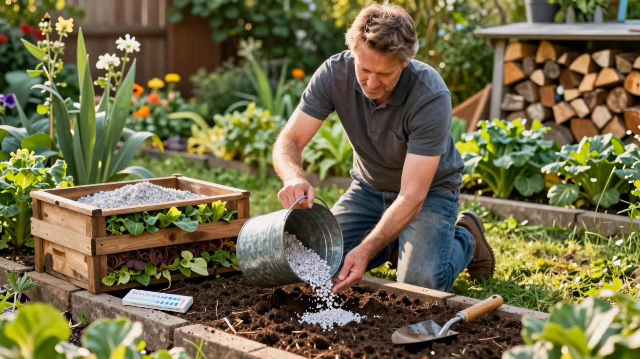 Homem a espalhar fertilizante em cama de cultivo num jardim com canteiros e plantas floridas.