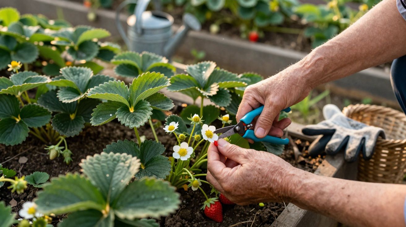 Mãos de idoso a podar flores de morangueiro com tesoura num canteiro de jardim.