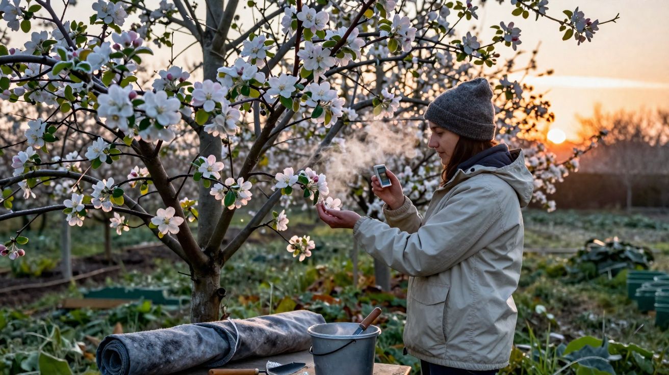 Mulher a fotografar flores de macieira em pomar ao pôr do sol, com utensílios de jardinagem.