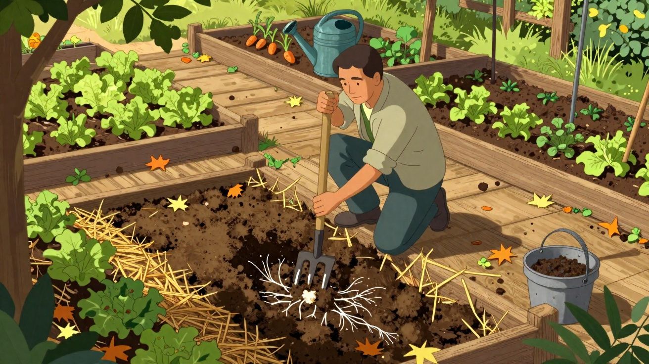 Homem a cavar o solo numa horta com legumes e folhas caídas no chão durante o dia.