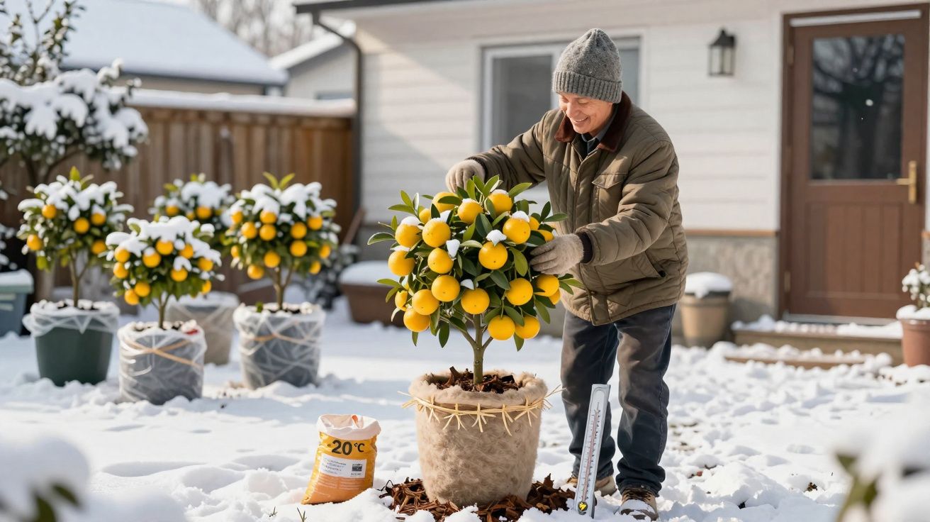 Homem a cuidar de árvore cítrica num vaso ao ar livre com neve no chão e nas plantas.
