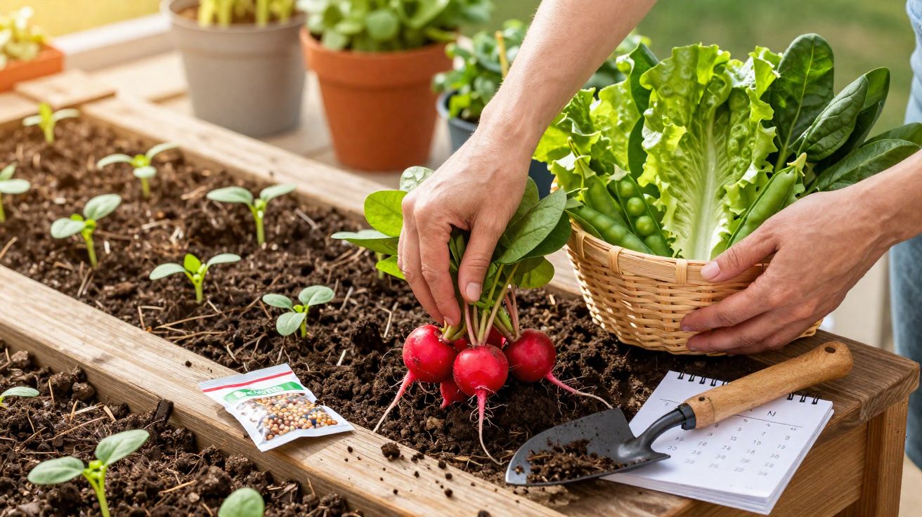 Mãos colhem rabanetes e colocam numa cesta com alface e ervilhas numa horta caseira.
