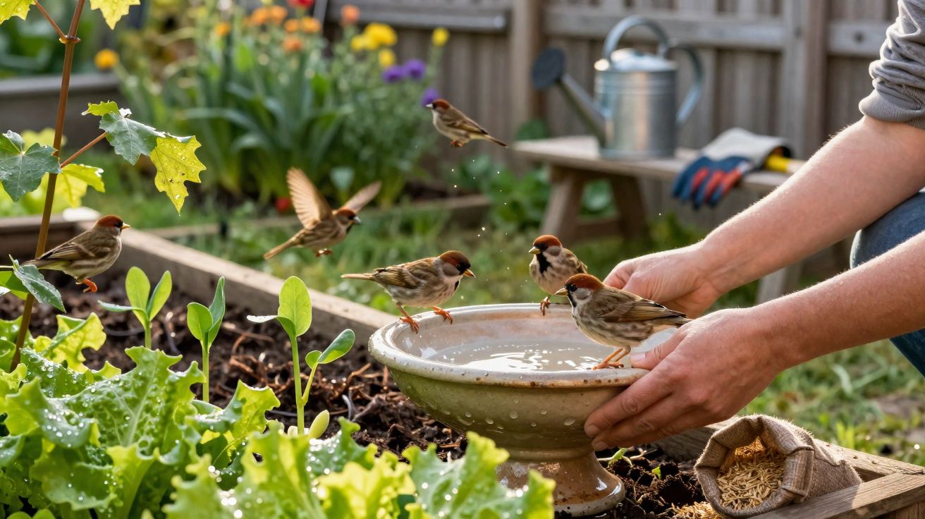 Pássaros a beber água de uma tigela num jardim com plantas e uma pessoa a segurá-la.