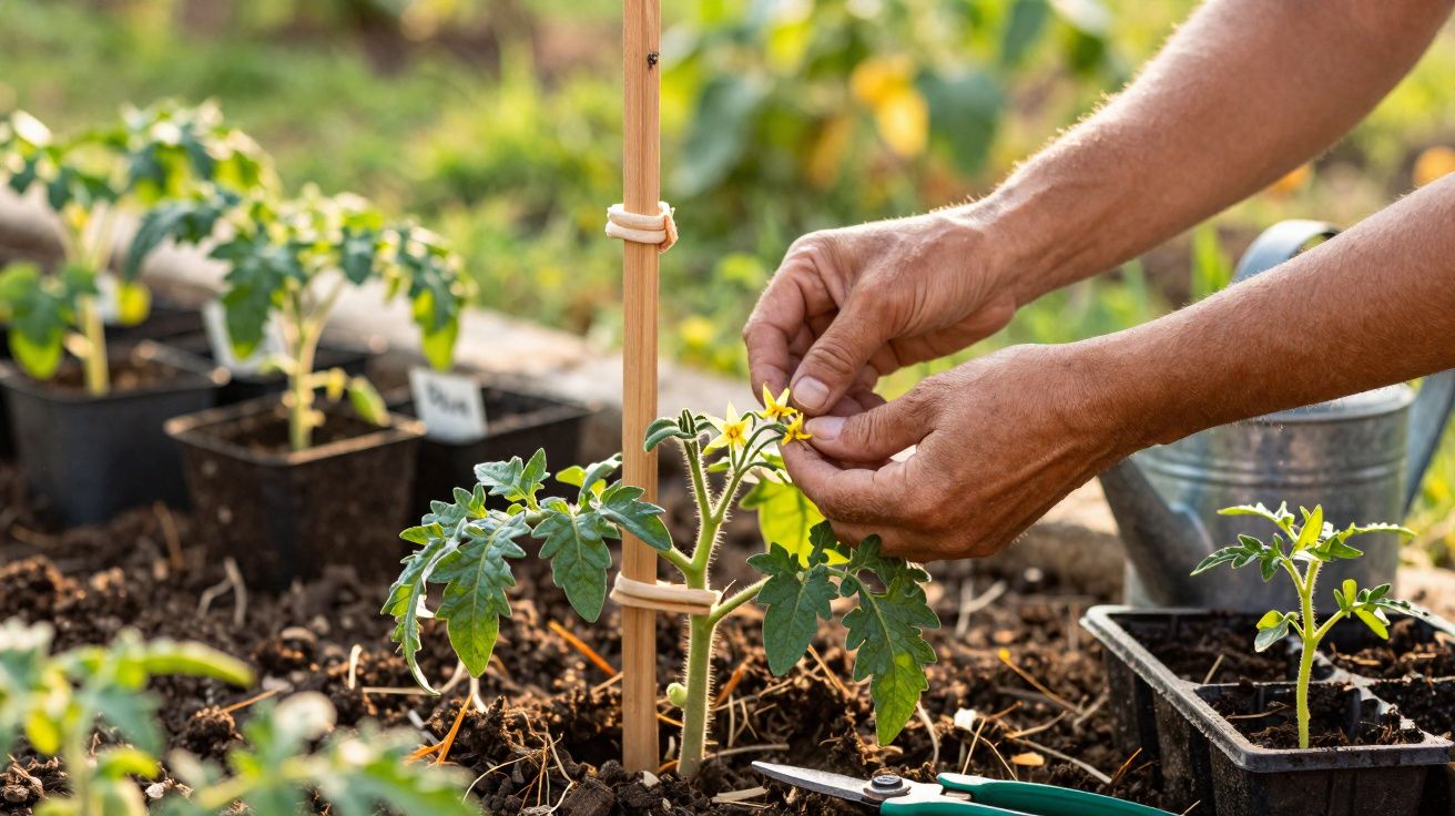 Mãos a cuidar de planta de tomate com flores amarelas num vaso de jardim com terra e ferramentas.