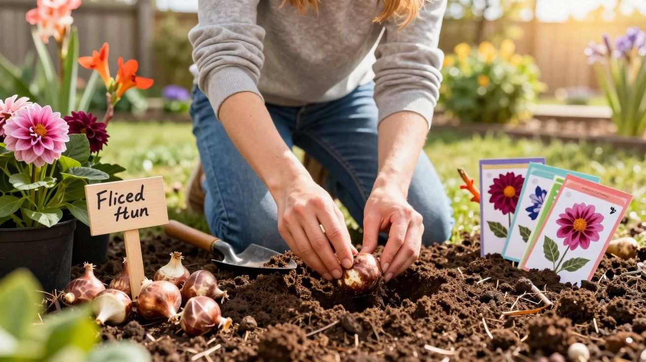 Pessoa a plantar bolbos de flores em terra num jardim, com flores coloridas e pacotes de sementes ao lado.