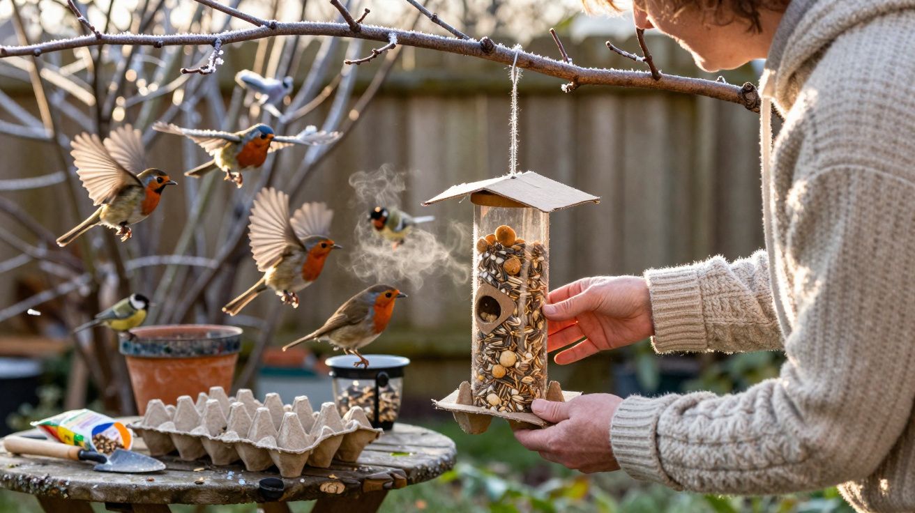 Pessoa a colocar alimento num comedouro para pássaros com várias aves a voar e pousar num jardim.